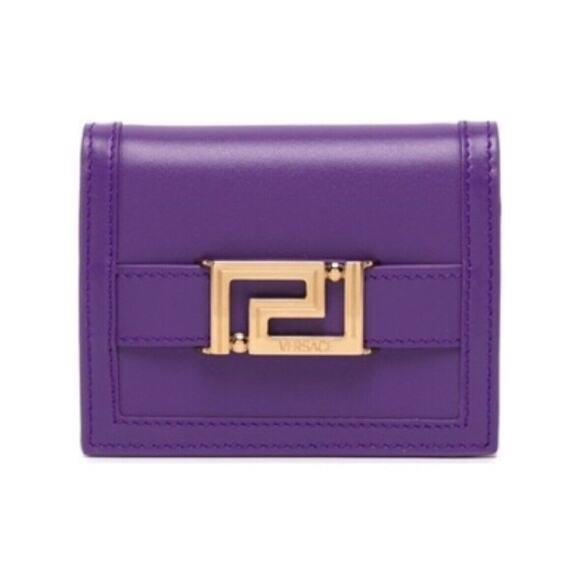 Versace Goddess Greca Logo Purple Leather Bi Fold Wallet NWT $625 - Picture 1 of 8
